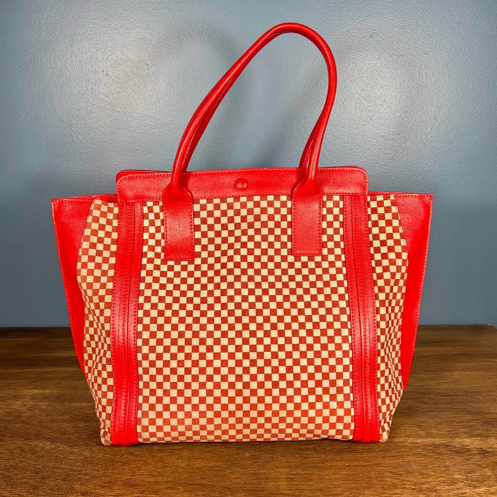 Alberta Di Canio Red Leather Checkered Suede Bowling Bag Purse